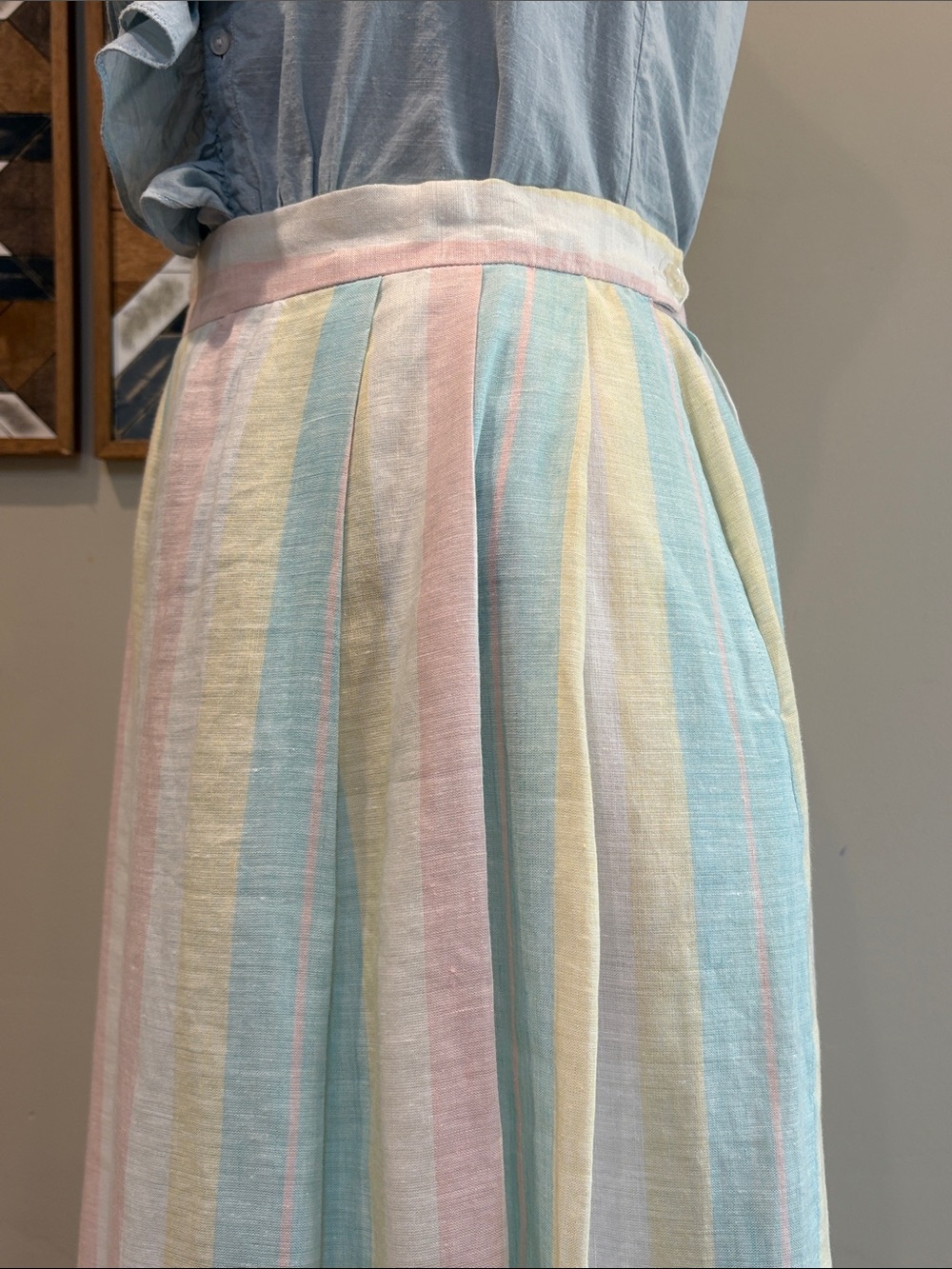 Vintage Tassels & Cuffs Corbin Ltd Striped Pastel Pleated Linen Skirt size Small - Picture 6 of 14